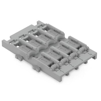 Wago monteringsholder 4-vejs i grå plast til Inline samlemuffer, vist på hvid baggrund.
