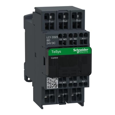 Detaljeret billede af Schneider Electric TeSys D kontaktor, model LC1D323BD, med synlige terminaler og mærkninger for 32A, 24V DC og hjælpekontakter.