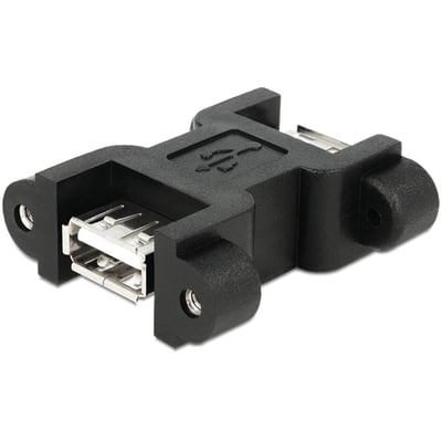 DeLock sort USB 2.0-adapter med USB type A-hunstik i begge ender og monteringsører med skruemøtrikker, set skråt fra siden.