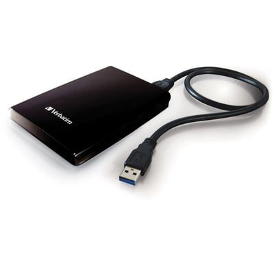 Sort Verbatim Store'n'Go ekstern harddisk på 2 TB med USB-kabel og synligt USB-A-stik.