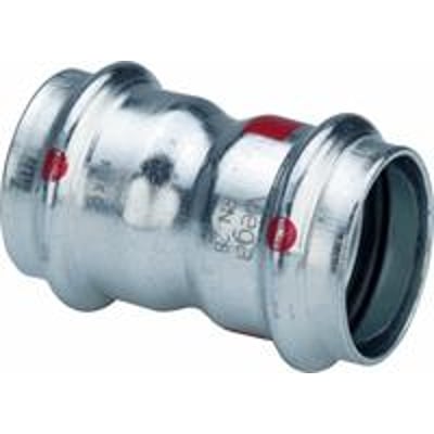 Viega Prestabo muffe i forzinket stål, 35 mm, med synlige røde SC-Contur markeringer for utætte samlinger.