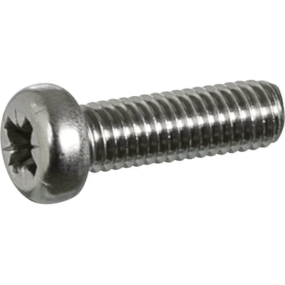 Lauritz Knudsen dækselskrue 020S3423 i metal, med stjerneskruerhoved og gevind på en hvid baggrund.