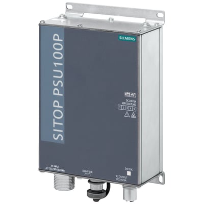 Siemens SITOP PSU100P IP67 strømforsyning med 24V DC/5A udgang og M12 stik, vist på hvid baggrund.