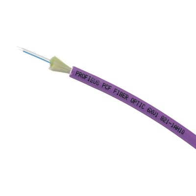 Siemens Profibus PCF fiberoptik kabel i lilla med afisoleret ende, der viser to blå fibre og gule beskyttelseshylstre.