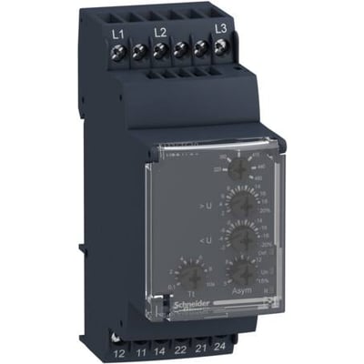 Schneider Electric Harmony RM35UB330 kontrolrelæ til 3-fasede systemer, der overvåger over- og underspænding med tydelige justeringsknapper og terminaler markeret L1, L2, L3.