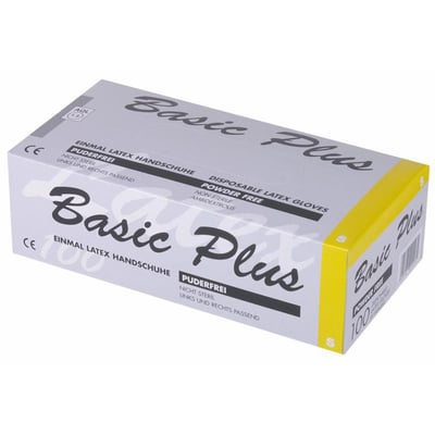 Æske med Basic Plus pudderfri latex-engangshandsker i størrelse 7,5, vist med grå og gul emballage.