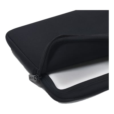 Nærbillede af en sort Dicota Perfect Skin laptop sleeve, hvor lynlåsen er delvist åben og viser det lyse, bløde indre foer.