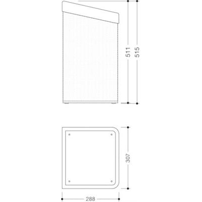 Målskitse af HEWI Serie 477 papiraffaldsspand med front- og topvisning samt mål på 307 x 515 x 288 mm.