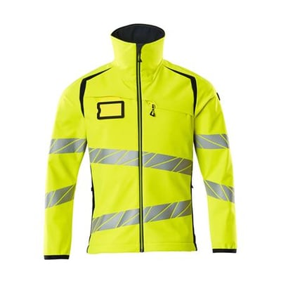 Mascot hi-vis softshell jakke i gul og mørk marine, størrelse 3XL, med reflekterende detaljer og lynlås.