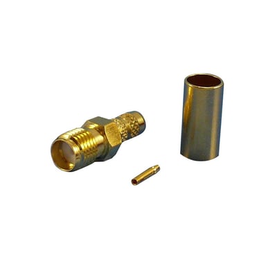 SMA hun crimp konnektor i messing, model Jyebao SMA8100-0058, til RG 58 og LMR195 kabler.