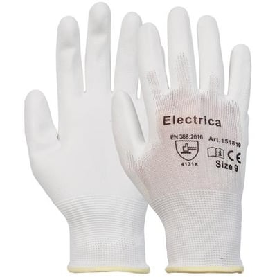 Ét par hvide polyesterhandsker med grå PU-belægning, mærket Electrica, str. 9, til montage og elektronik.