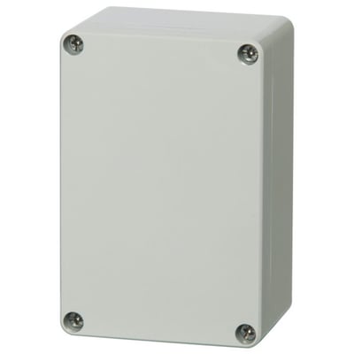 Set fra siden: Fibox Euronorm II monteringskasse i lysegrå polycarbonat viser sideprofil og skruedækslerne.