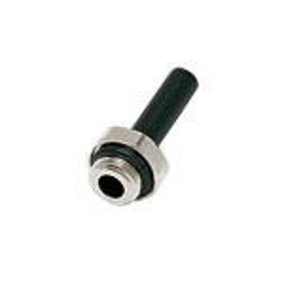 Parker indstiksnippel 3131 med 4 mm diameter og M5x0,8 gevind, fremstillet af sort teknisk polymer og metal.