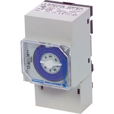 Paladin 131120 mekanisk kontaktur med blå og hvide taster på urskiven, viser 24-timers visning og DIN-skinne montering.