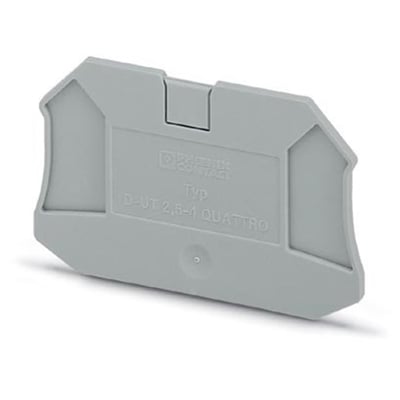 Bagfra-perspektiv af Phoenix Contact D-UT 2,5/4-QUATTRO endeplade, der viser monteringsklemmen og den kompakte grå plastkonstruktion.