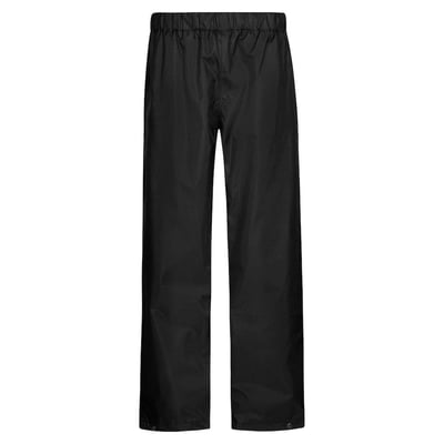 Sorte Lyngsøe Rainwear-regnbukser FOX6041 i størrelse 5XL set forfra med elastisk talje og lige ben.