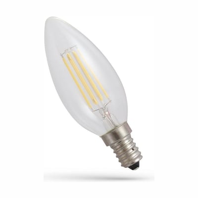 SpectrumLED E14 4 W LED-kertepære i C35-form med klart glas og synlige kultråde, vist skråt med fatningen nederst.