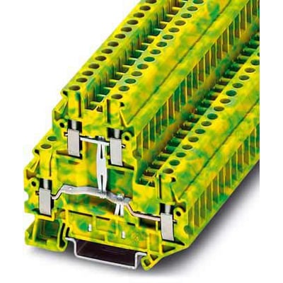 Phoenix Contact UTTB 2,5-PE jordleder-etageklemme med gul/grøn farve og skruetilslutning, viser det kompakte design til styretavler.