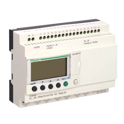 Schneider Electric Zelio Logic SR3B kompakt smart relæ med 24 I/O, 12VDC og LCD-display. Synlig fra siden med monteringsklemmer.