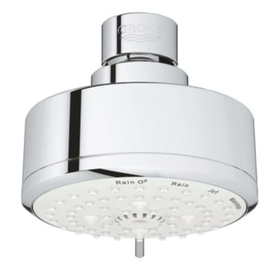 Grohe New Tempesta Cosmopolitan 100 hovedbruser i krom, viser dens runde design og de fire spraytyper: Rain O², Rain, Jet og Massage.