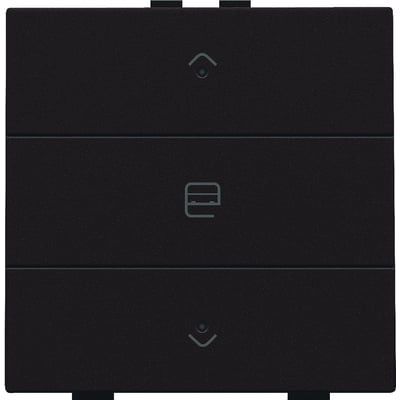 Niko motortryk i mørkebrun med op-pil, stop-ikon og ned-pil. Trykket har en diskret LED-indikator.