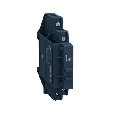 Schneider Electric Harmony Solid State Relæ SSM1A112F7, 1-faset, 12A, med indbygget køleplade og DIN-skinne montering på mørkeblå baggrund.