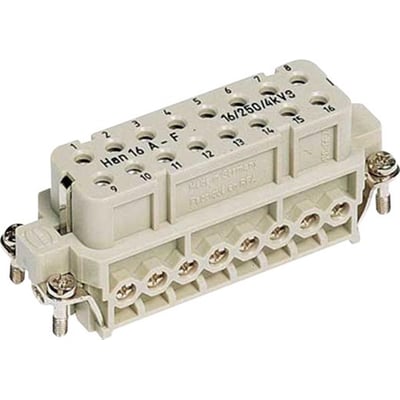 Nærbillede af Harting 16-polede hunstik indsats, der viser de enkelte skrueterminaler for ledningstilslutning op til 2,5 mm².