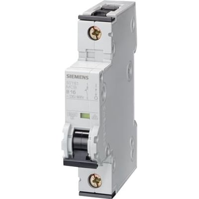 Grå Siemens SENTRON 5SY6163-6 automatsikring, 1-polet og 63 A, set skråt forfra med sort betjeningsgreb.
