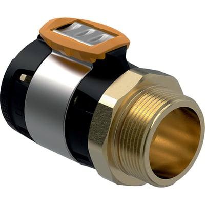 Detalje af Geberit FlowFit overgang, der viser 63 mm muffe og 2" messinggevind i blyfri bronze.