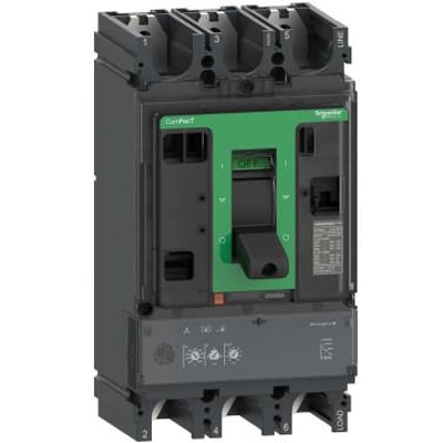 Schneider Electric ComPacT NSX400HB1 maksimalafbryder med MicroLogic 2.3 M relæ, mærket 320A og med grønt håndtag til afbrydelse.