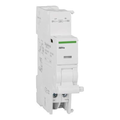 Schneider Electric udkoblingsspole iMNS 230VAC, set fra front med tydelig mærkning af 'iMNs' og grøn statusindikator.