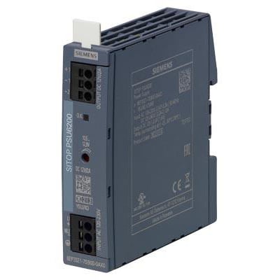 Siemens SITOP PSU6200 strømforsyning, 12V/2A, med input 120-230V AC/DC og output 12V DC, vist fra siden.