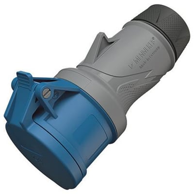 Mennekes PowerTOP Xtra CEE-forlængerled i grå og blå med lukket låg, 32 A, 4-polet, 9h, 230 V og IP54.