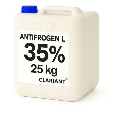Hvid dunk med blå skruelåg med Antifrogen L propylenglykol fra Clariant, mærket med 35 % og 25 kg.