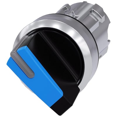Siemens 22mm vælgerkontakt i skinnende metal med blå front og sort drejeknap, med 2 kontaktpositioner.