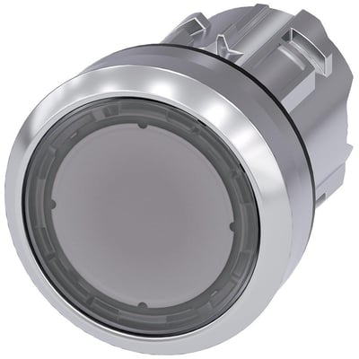 Siemens 22mm oplyst trykknap i højglansmetal med rund, flad, klar trykflade og låsemekanisme.