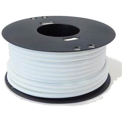 Hvid tekstilledning 3G0,75 mm2 på en sort plastikspole, 10 meter lang, med en diameter på 6,2 mm.
