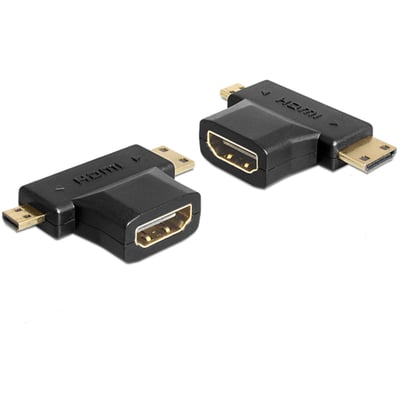 DeLOCK sort, T-formet HDMI-adapter med 19-pin hunstik og Mini-HDMI- og Micro-HDMI-stik, vist fra to vinkler.
