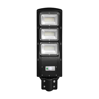 V-TAC VT-St180 LED solcelle gadelygte set forfra med tre lysenheder og sensor i sort PC-hus.