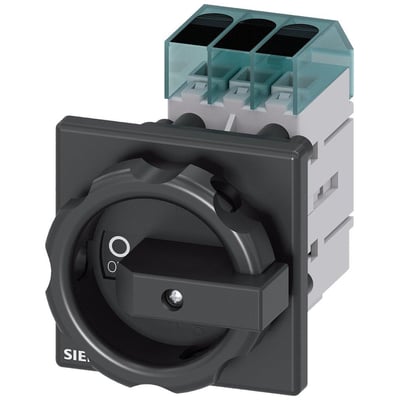 Siemens 3LD3 lastafbryder, 3-polet, 32A, med drejeligt håndtag og tydelige mærker for 'I' og 'O' positioner.