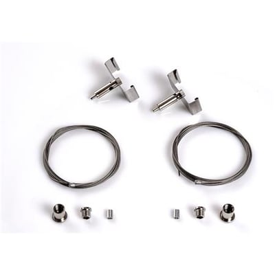 Komplet ophængssæt til LED armaturer, med to wirer, ophængskroge og monteringsdele i metal på hvid baggrund.