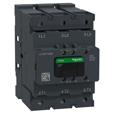 Schneider Electric TeSys Deca Advanced 3-polet kontaktor, 115A, med 24-60V AC/DC spole og 1NO+1NC hjælpekontakter.