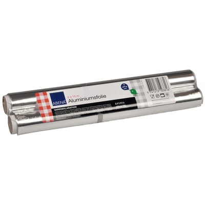 To ruller Abena aluminiumsfolie af ekstra kraftig kvalitet, hver 15 meter lang og 29 cm bred, pakket sammen på hvid baggrund.