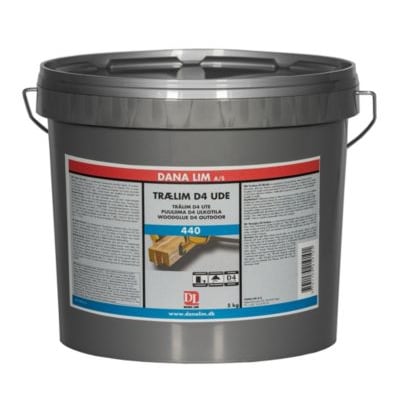 Dana Lim trælim D4 Ude 440 i 5 kg spand med gråt låg og håndtag, set forfra med produktetiketten synlig.