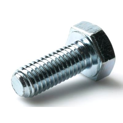 Sætskrue M10x20 mm med fuldt gevind og 6-kantet hoved i blank FZB-legering, isoleret på hvid baggrund.