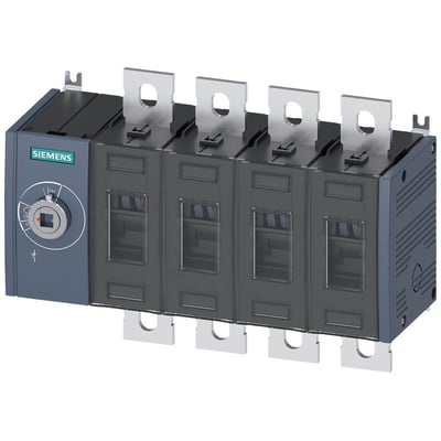 Siemens 4-polet afbryder 400A med frontbetjening til venstre, visende låsemekanisme og udgangsterminaler.