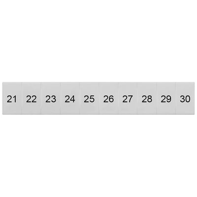 Siemens mærkeplade front med lodrette numre fra 21 til 30. Hvid, 6,2 mm klemmebredde, snap-on montering.