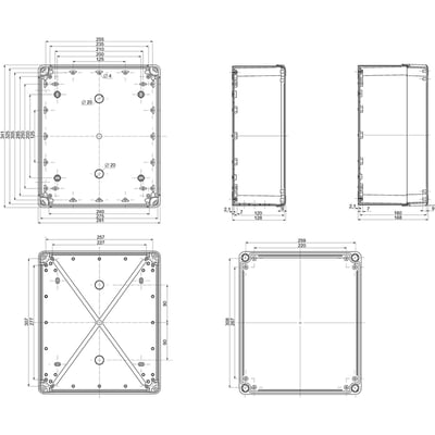 Schneider Electric Thalassa TBP industriel kasse med dimensioner 325x275x120 mm i grå polycarbonat med tekniske tegninger og mål.