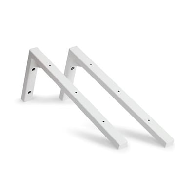 To hvide L-formede konsoller til montering af håndvask, med dimensionerne dybde 43 cm og højde 20 cm.