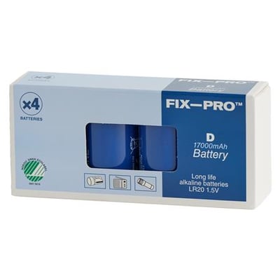 FIX-PRO D LR20 alkalinebatterier med long life-teknologi ses gennem vinduet i den blå og hvide emballage.
